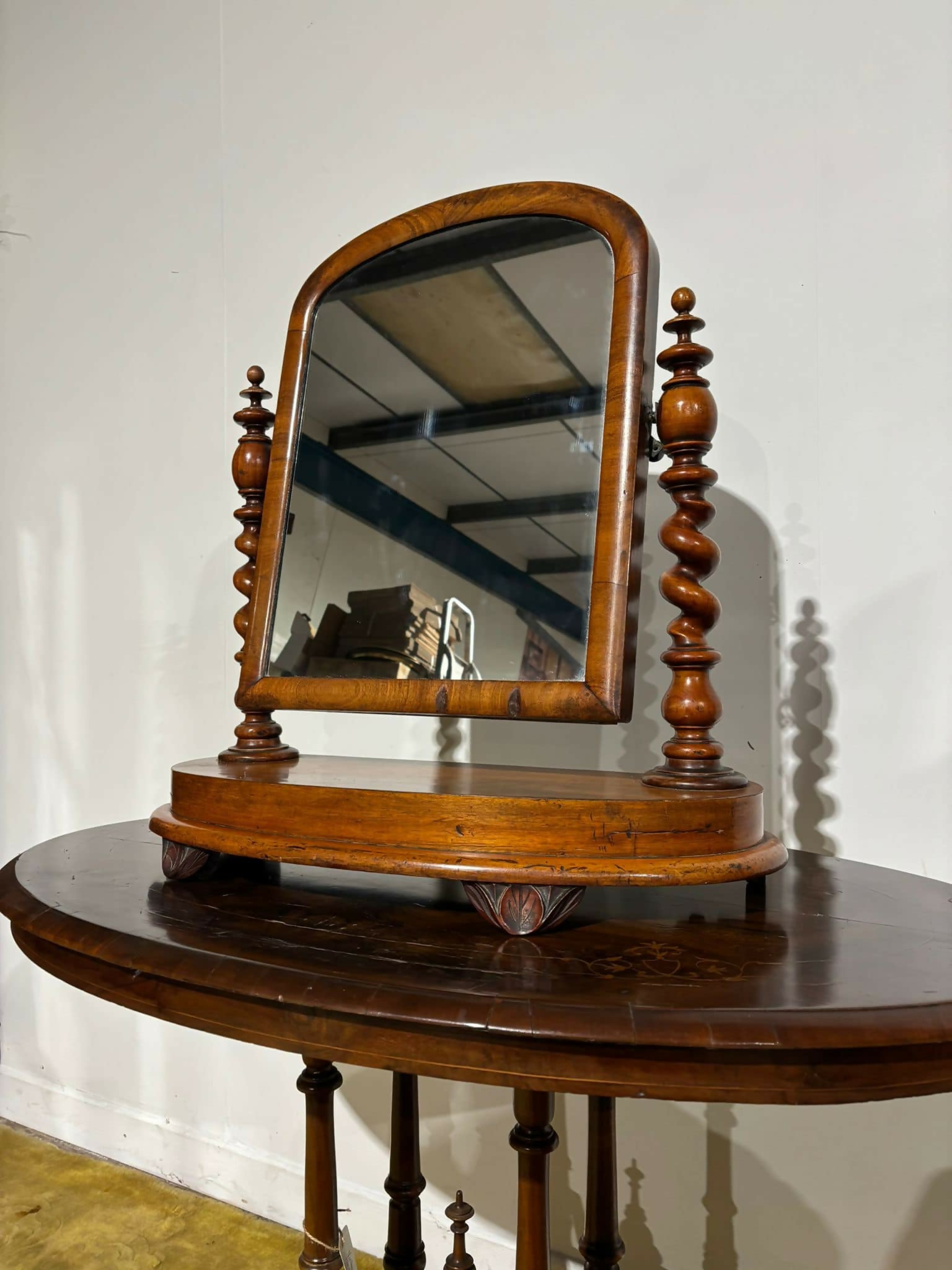 Victorian walnut dressing table mirror, supported on turned carved supports.0