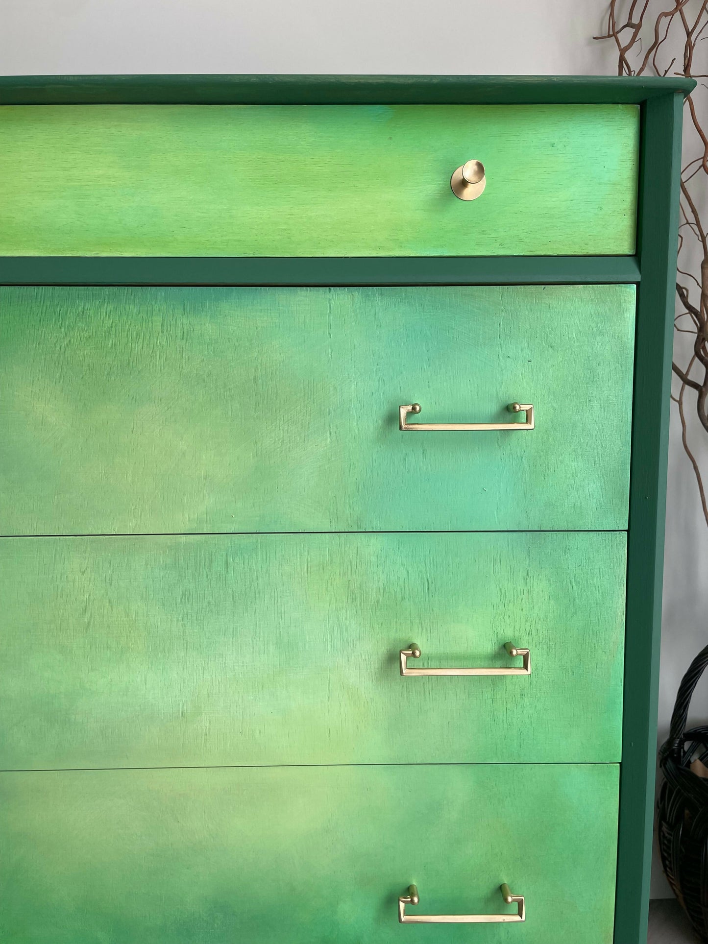 Mid Century Chest of Drawers Hand Painted Green With Gold Legs