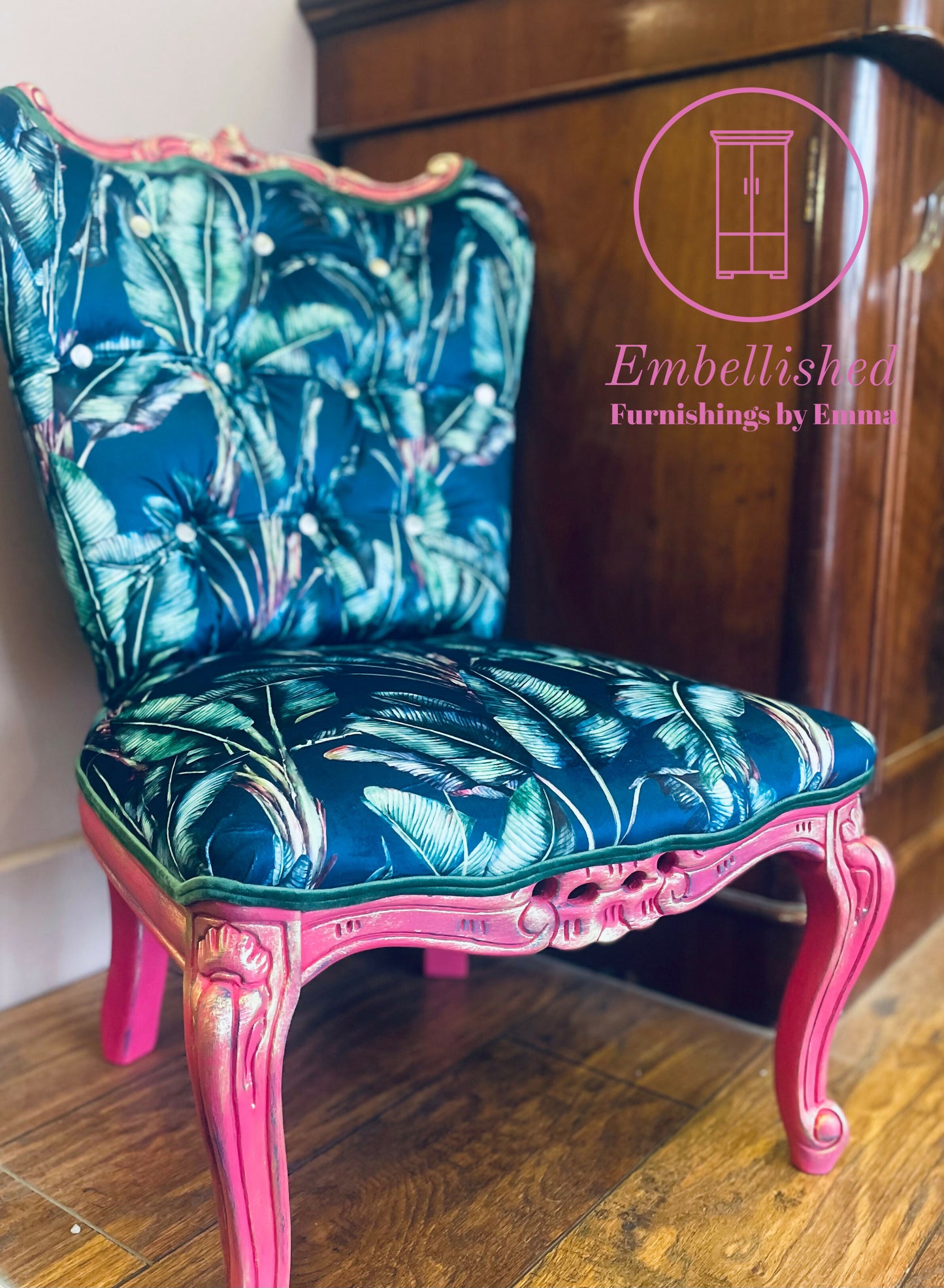 Bold statement accent chair. Pinks,blues and golds