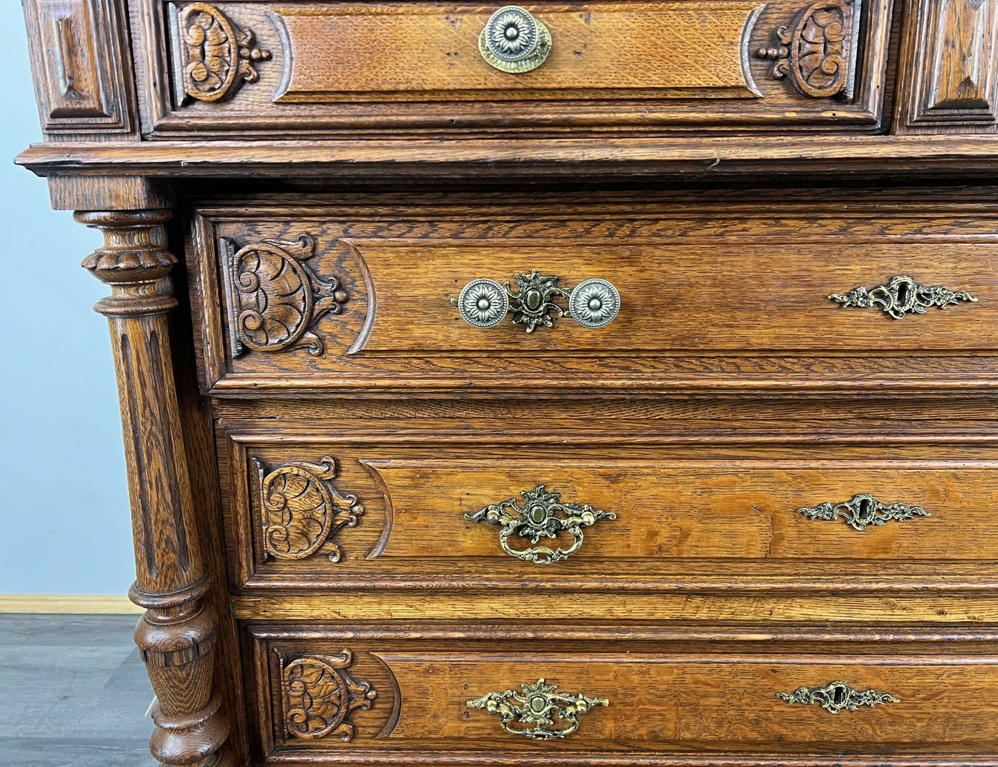 Chest of Drawers Antique French Style Marble Top Oak Carved Cabinet LOT 4808