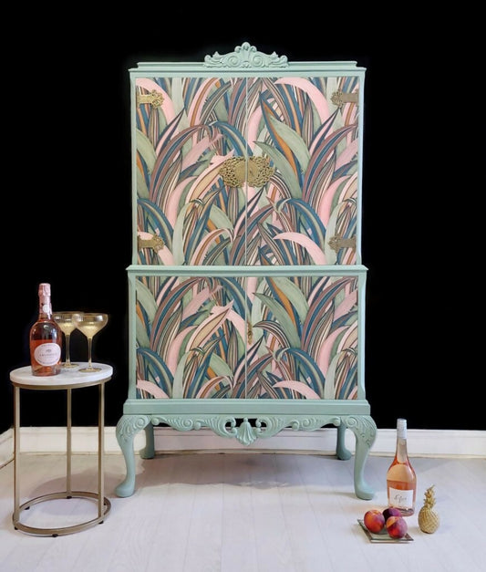 Vintage-decoupaged-drinks-cabinet-blush-pink-and-green-1-870x1024