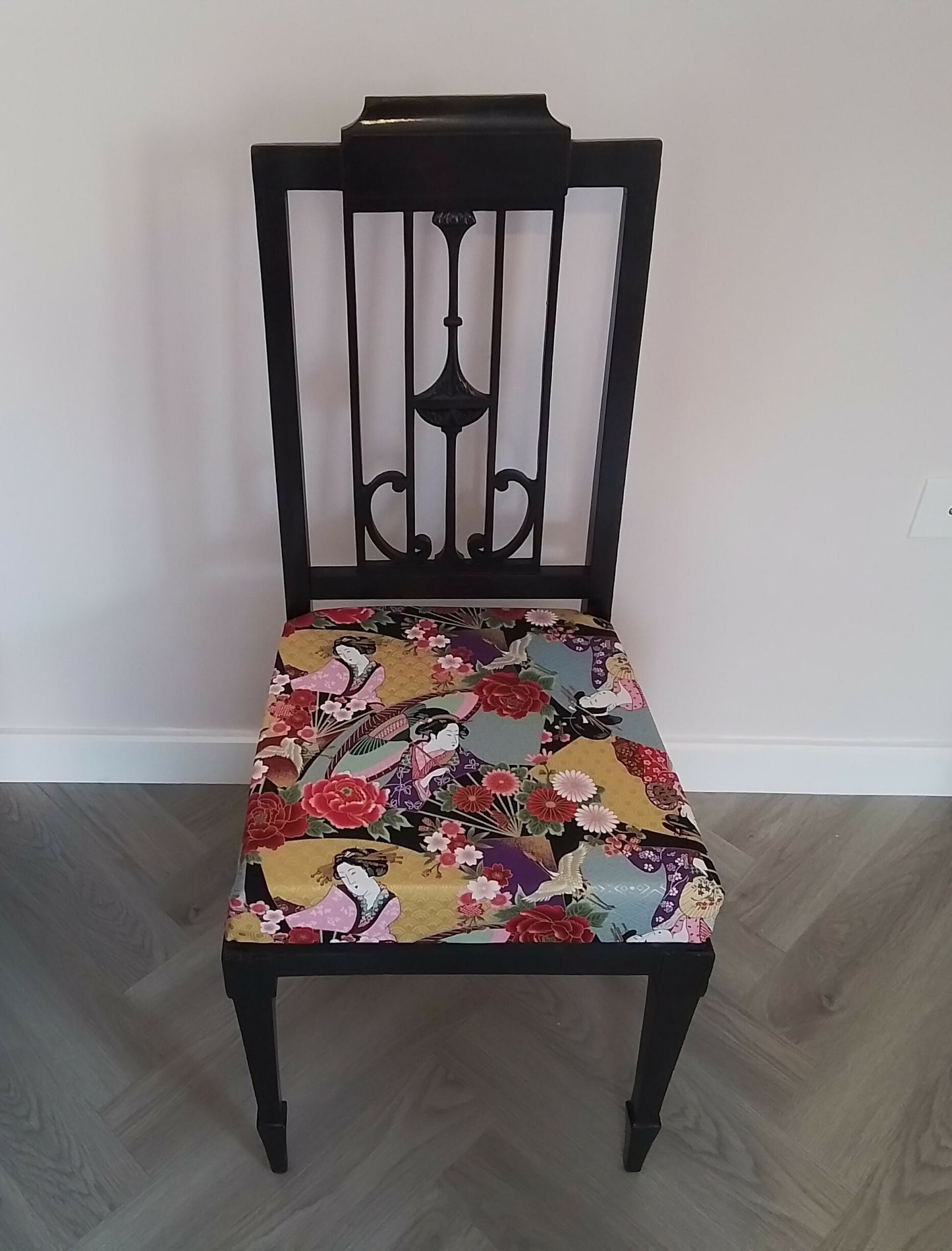 Renovated and upcycled Edwardian occasional chair with vibrant Japanese fabric