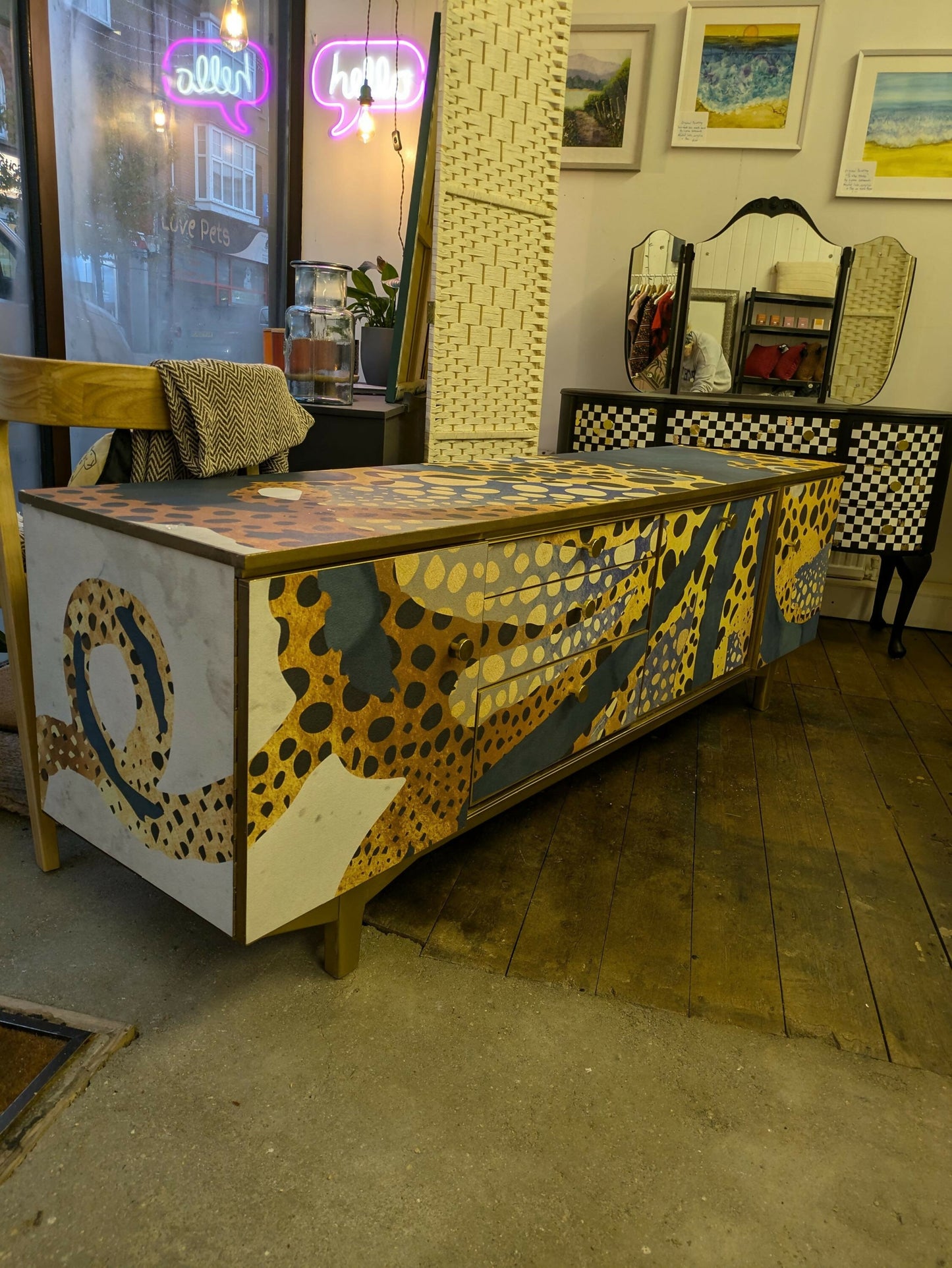 Mid-Century Modern Octopus Print Sideboard: Upcycled TV Unit Cabinet