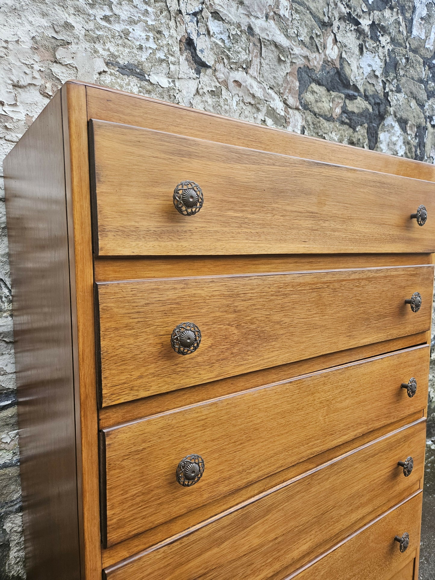 Vintage Oak Tallboy Chest of Drawers: Antique Cabinet with Detailing Five Drawer
