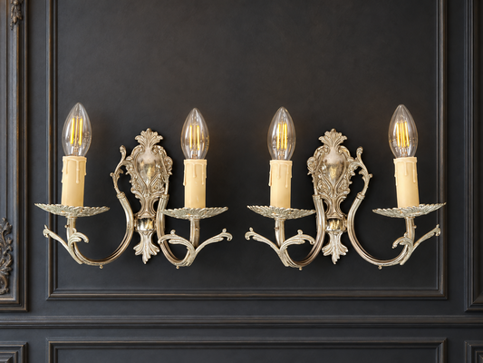 Pair of Wall Sconces Vintage French Double Arm Decorative Lights LOT 6487