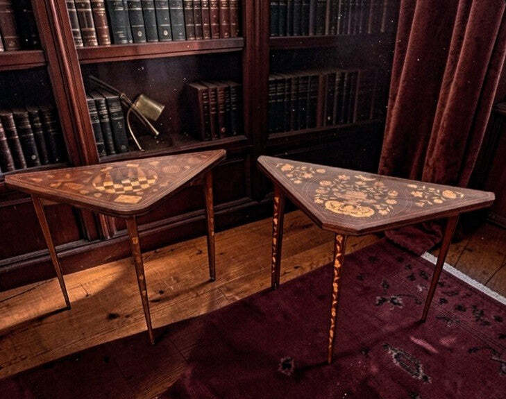 Pair 18th Century Dutch Marquetry Antique Games Tables, With Fold Over Lid & Card Playing Area