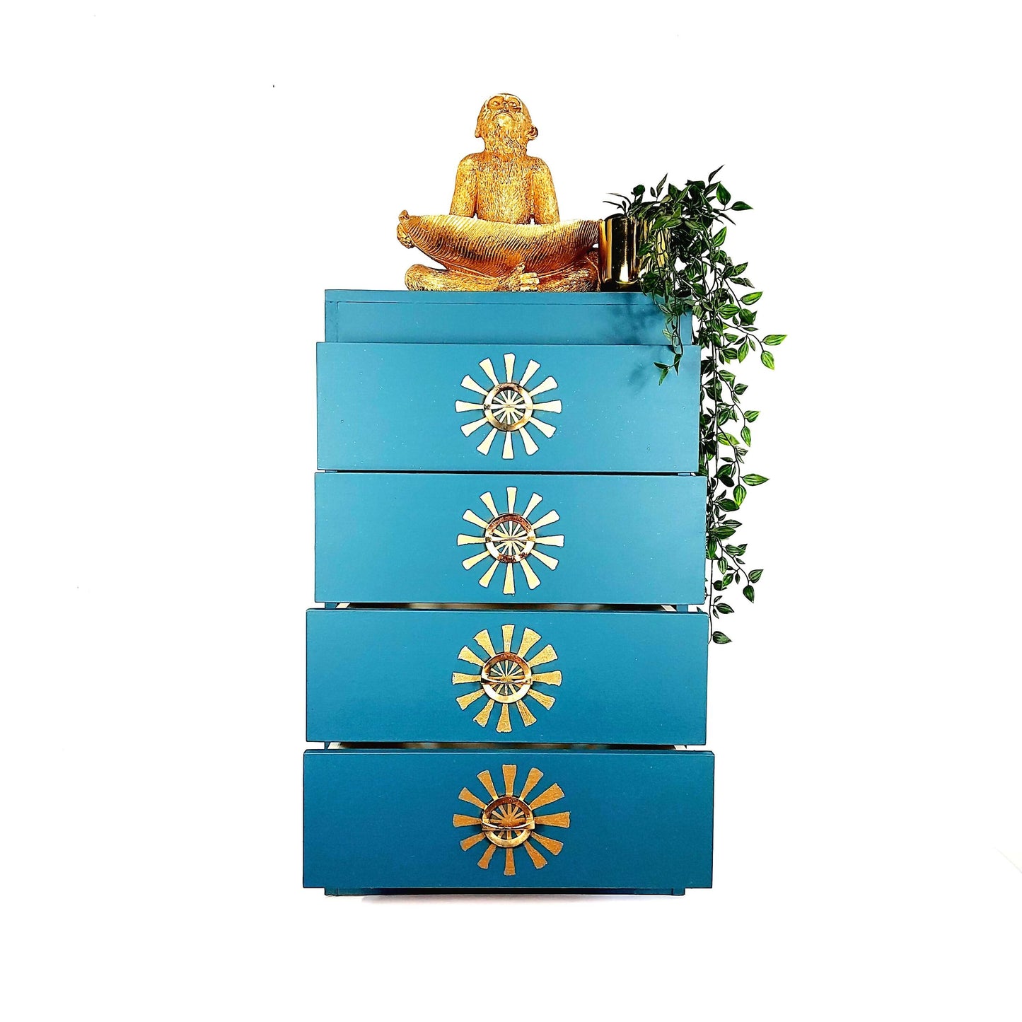 Upcycled hand painted drawers in teal with gold leaf design