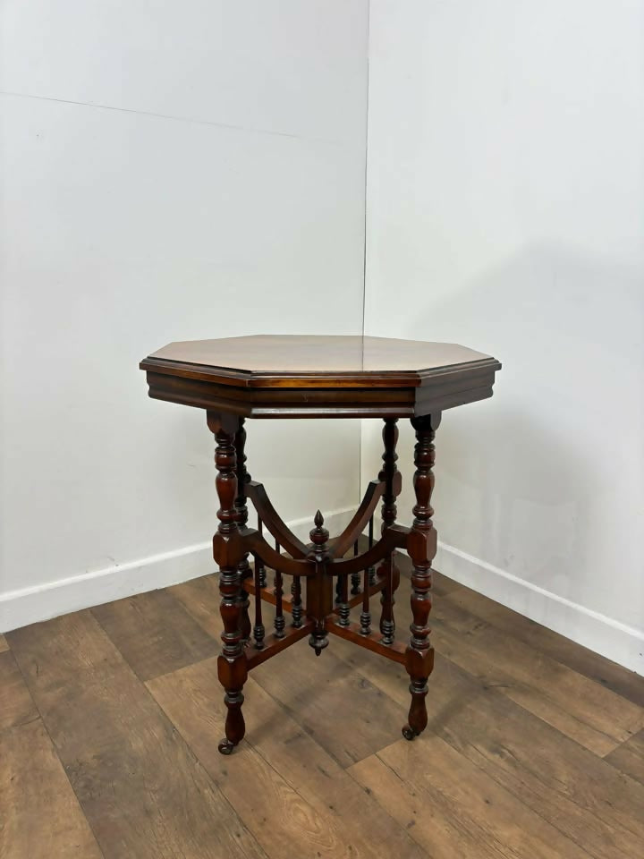 Edwardian Red Walnut Octagonal Window Table on Castors