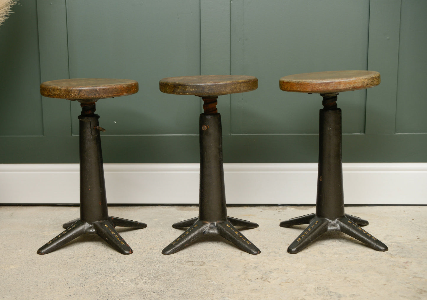 3 Antique Singer Sewing Machinists Stools - Cast Iron - Adjustable Height