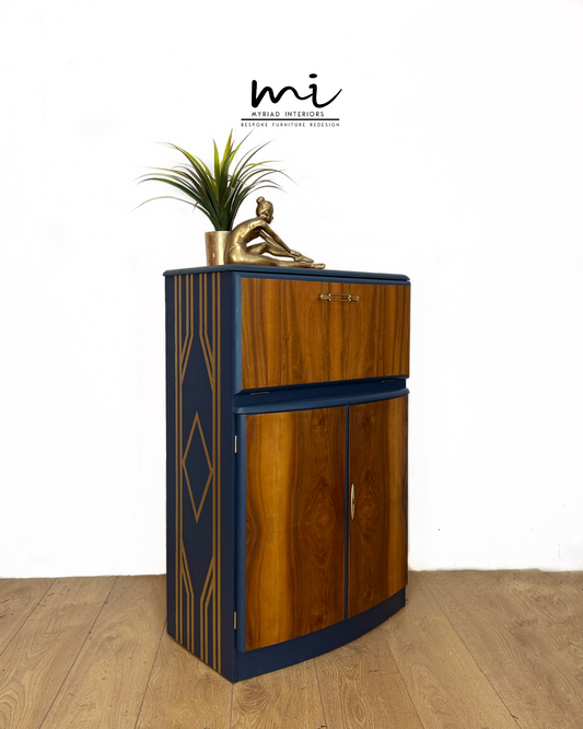 Navy Blue and Gold Art Deco Walnut Drinks Cabinet, cocktail cabinet, bar, sideboard, refurbished