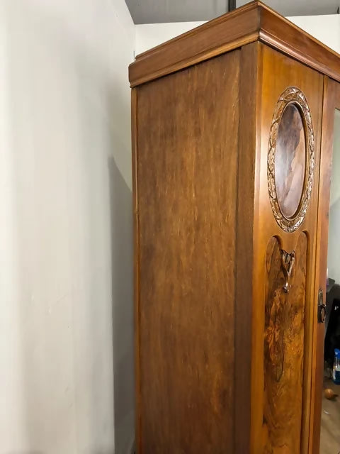 Edwardian Walnut Single Door Mirrored Wardrobe with Carved Panels
