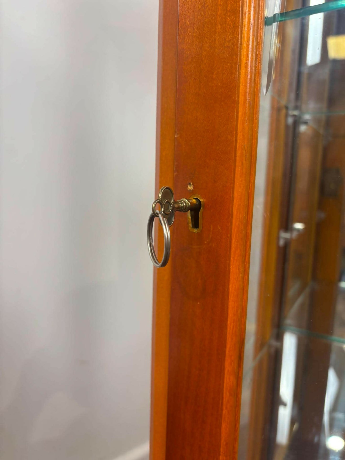 Reproduction Yew Wood Glazed Display Cabinet with Key