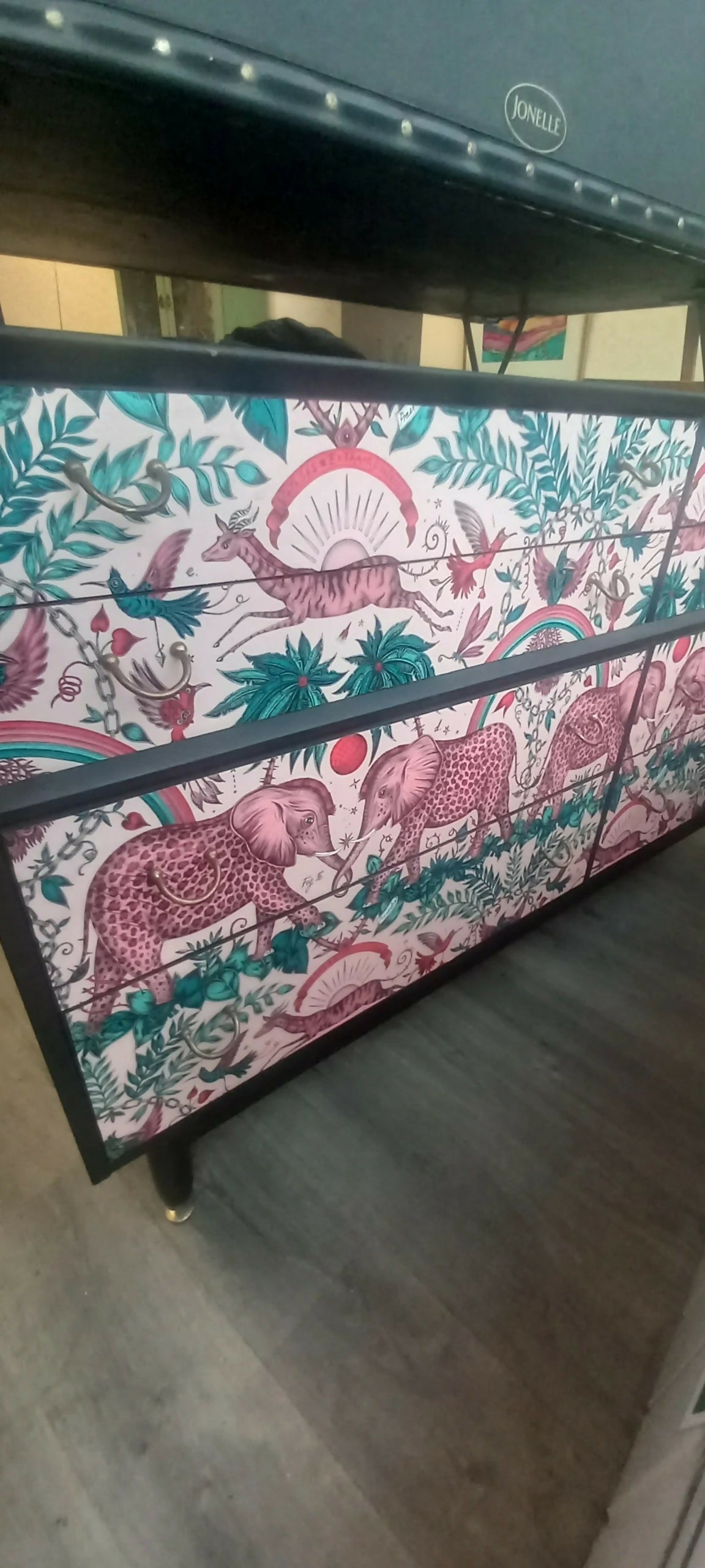 Gplan Midcentury Chest Of Drawers. Upcycled Painted Black Pink Animal Print