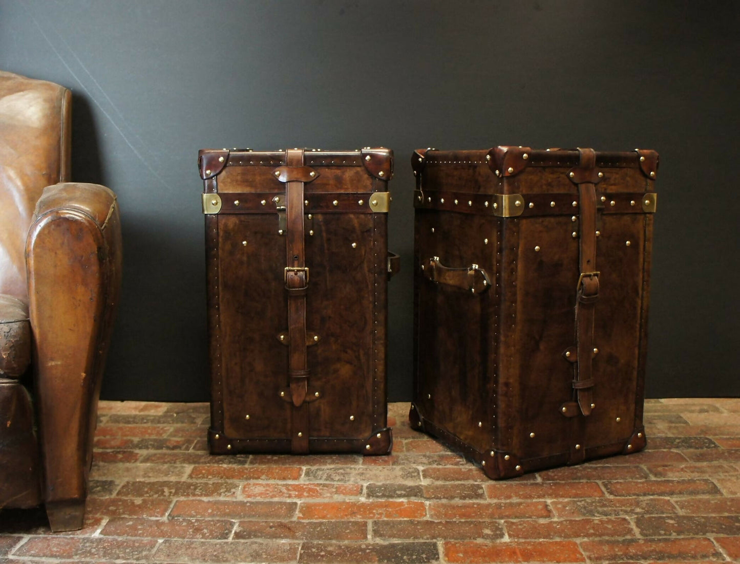 English vintage storage trunks - matching luxury pair - chestnut brown hand dyed