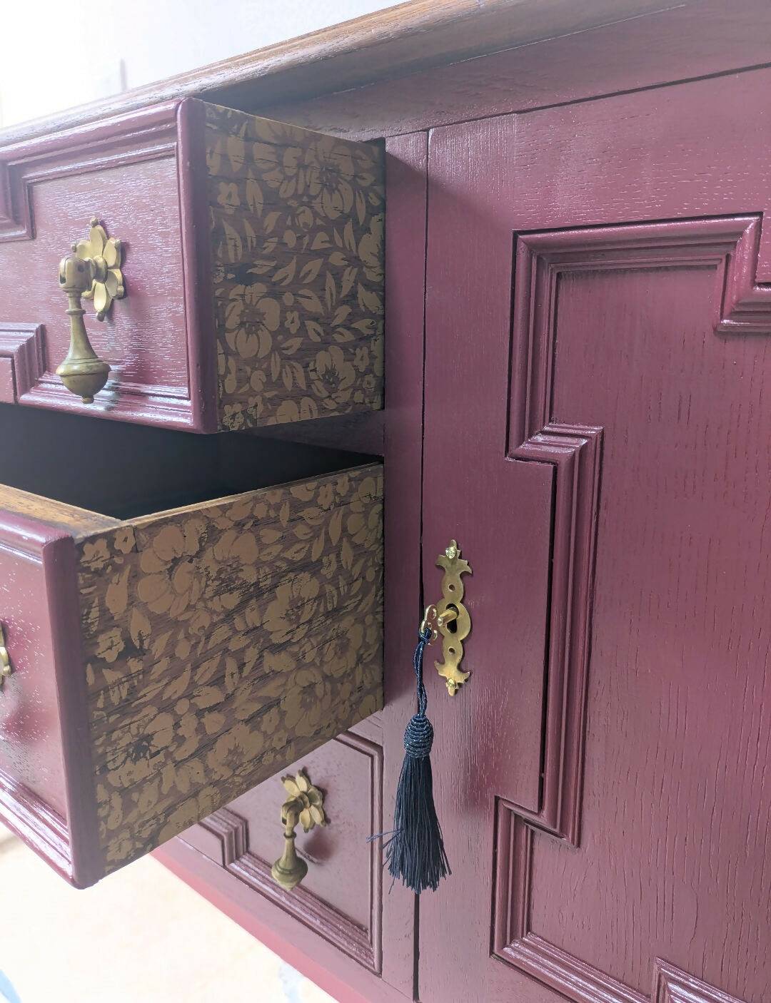 Refinished Jacobean Revival Solid Oak Sideboard, Burgundy Red Painted Buffet, Winchester Fusion Mineral Paint