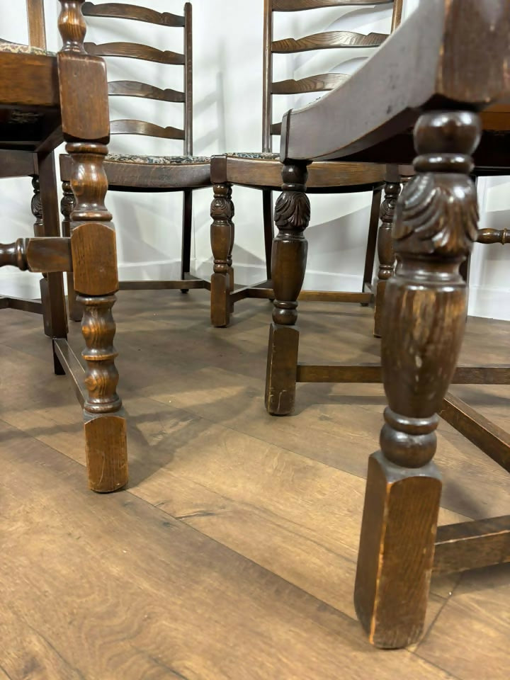 Vintage Set of Six Oak Ladder Back Dining Chairs – Including Two Carvers