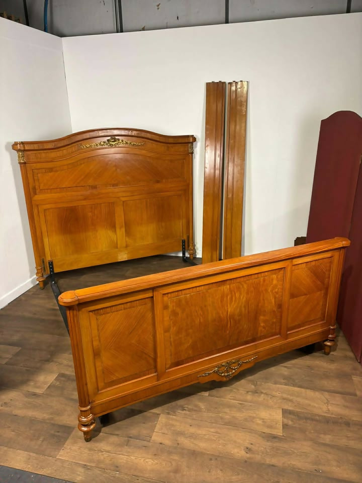 Early 20th French Style Walnut Veneered Bed Frame - 6ft Bed Frame With Gilt Metal