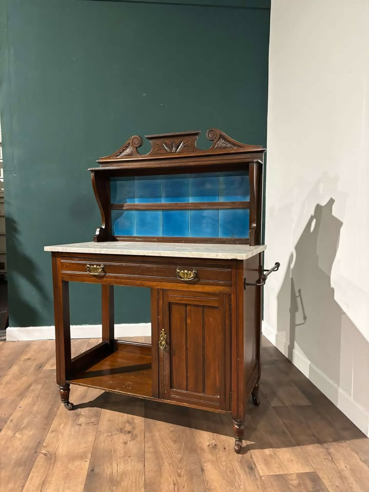 Edwardian Marble Top Washstand with Blue Tiles5