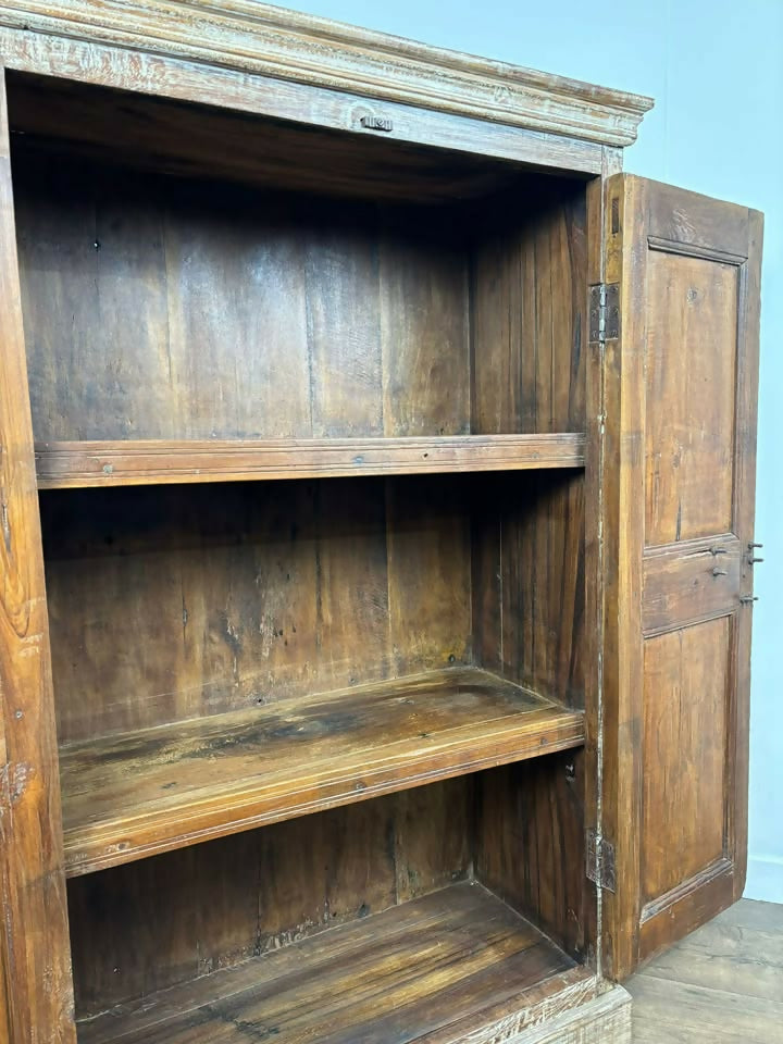 Vintage Indian Rustic Wooden Cupboard with Lime Wash Finish