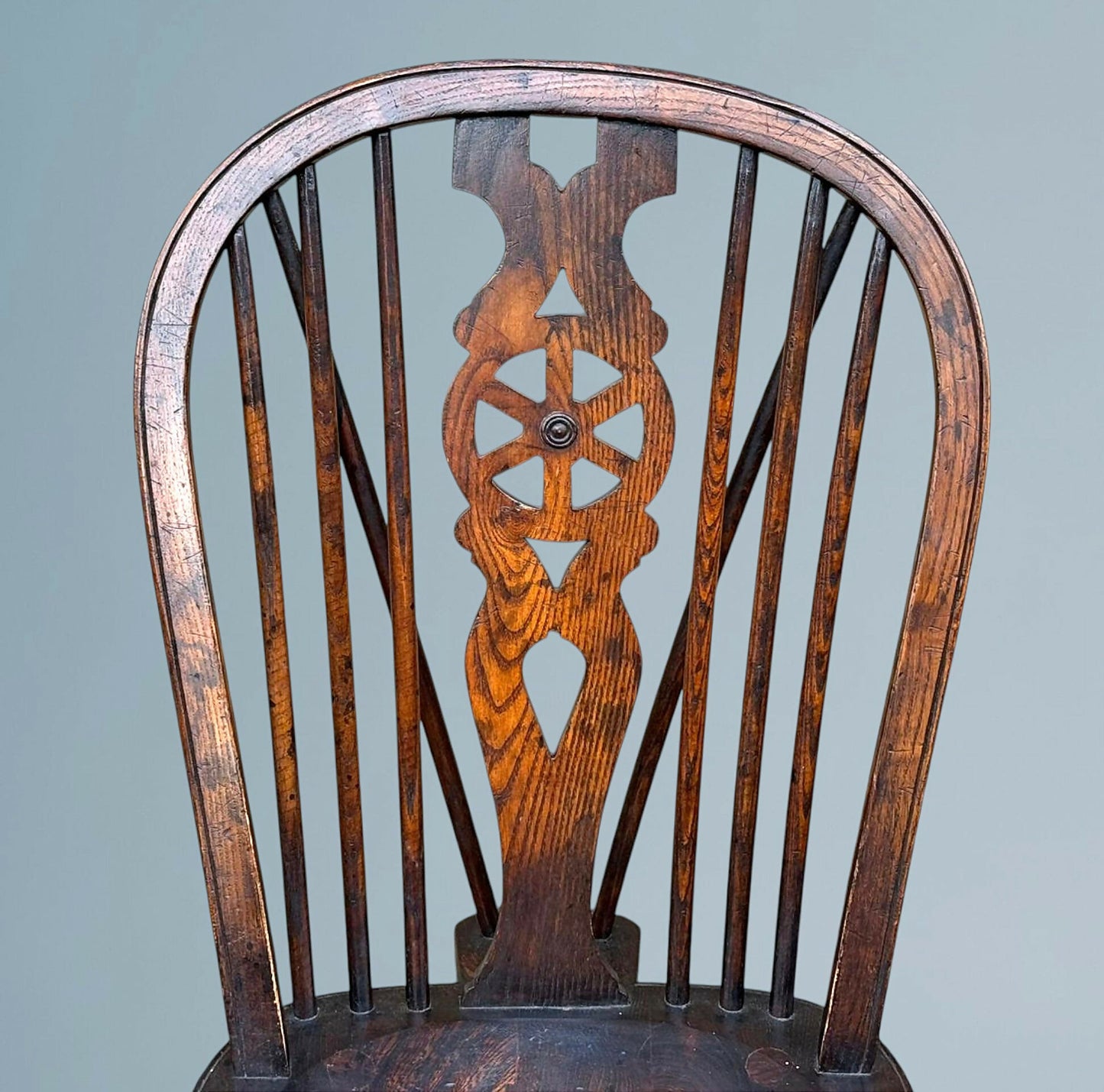Set of Four Elm Wheel Back Windsor Chairs