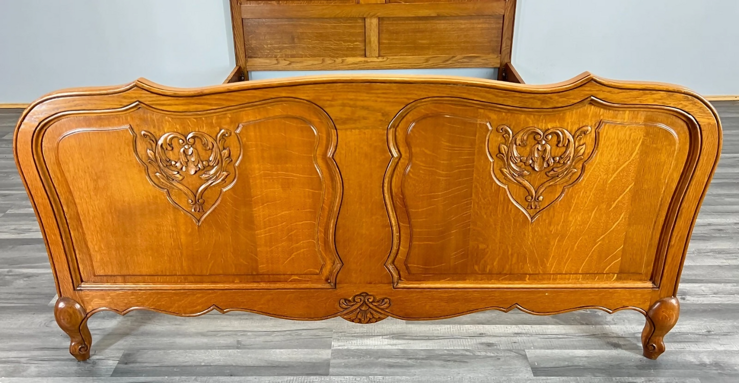 Bed Vintage French Louis XVI Oak Double Bed Frame Carved Headboard LOT 3791