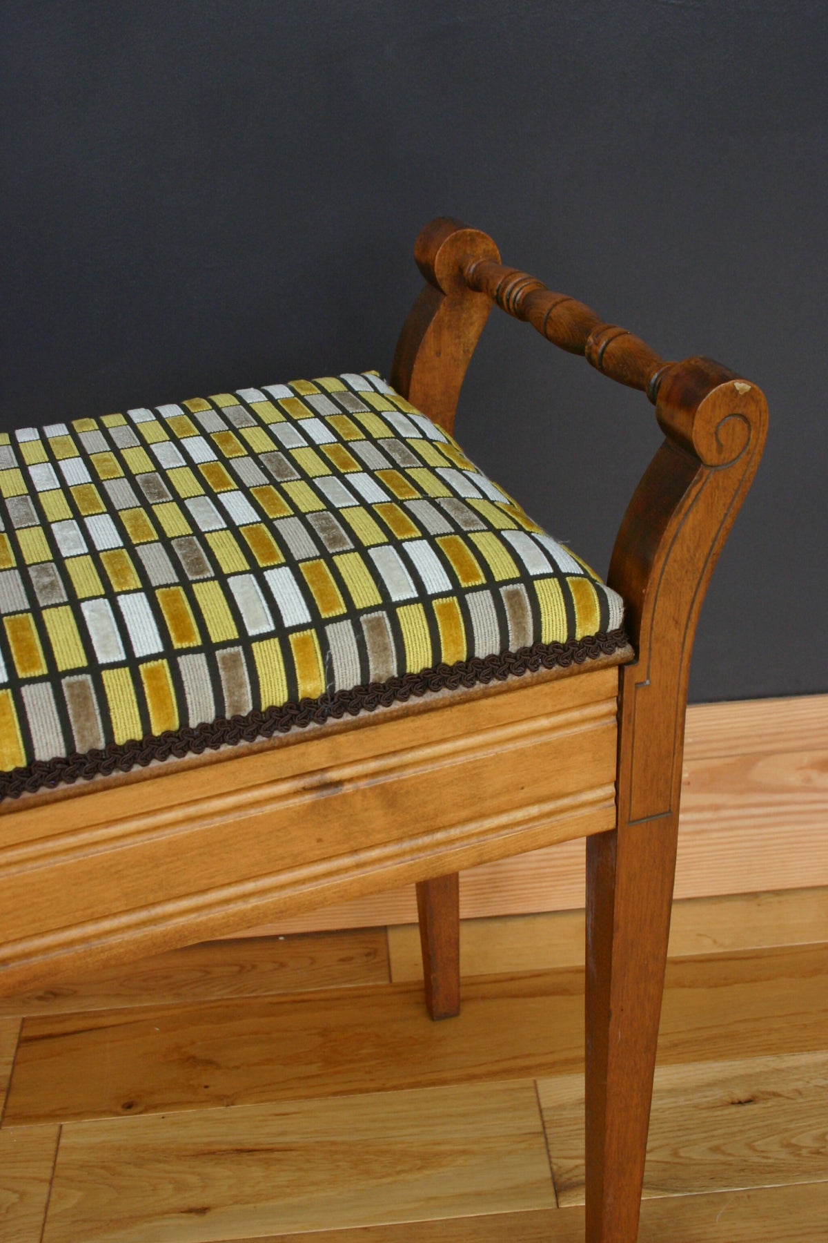 Edwardian Piano Stool – Newly Reupholstered in Bold Geometric Fabric | Vintage Statement Furniture