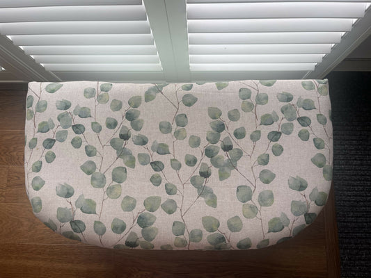 Midsize lovingly repainted and reupholstered mid century Ottoman. Light green paint and updated material.