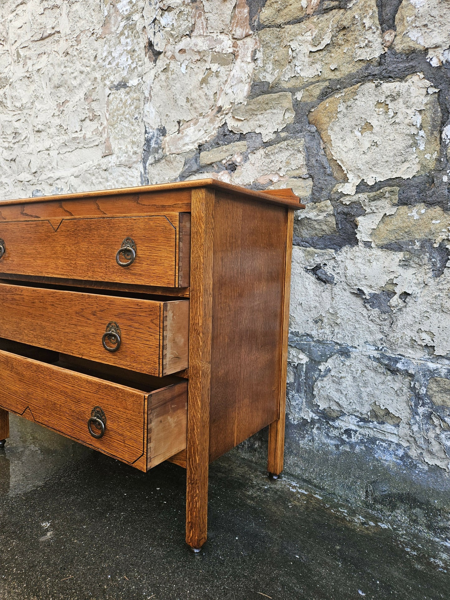 Vintage Chest Of Drawers Three Drawer Tall Oak Cabinet Super Proportions Highly Detailed