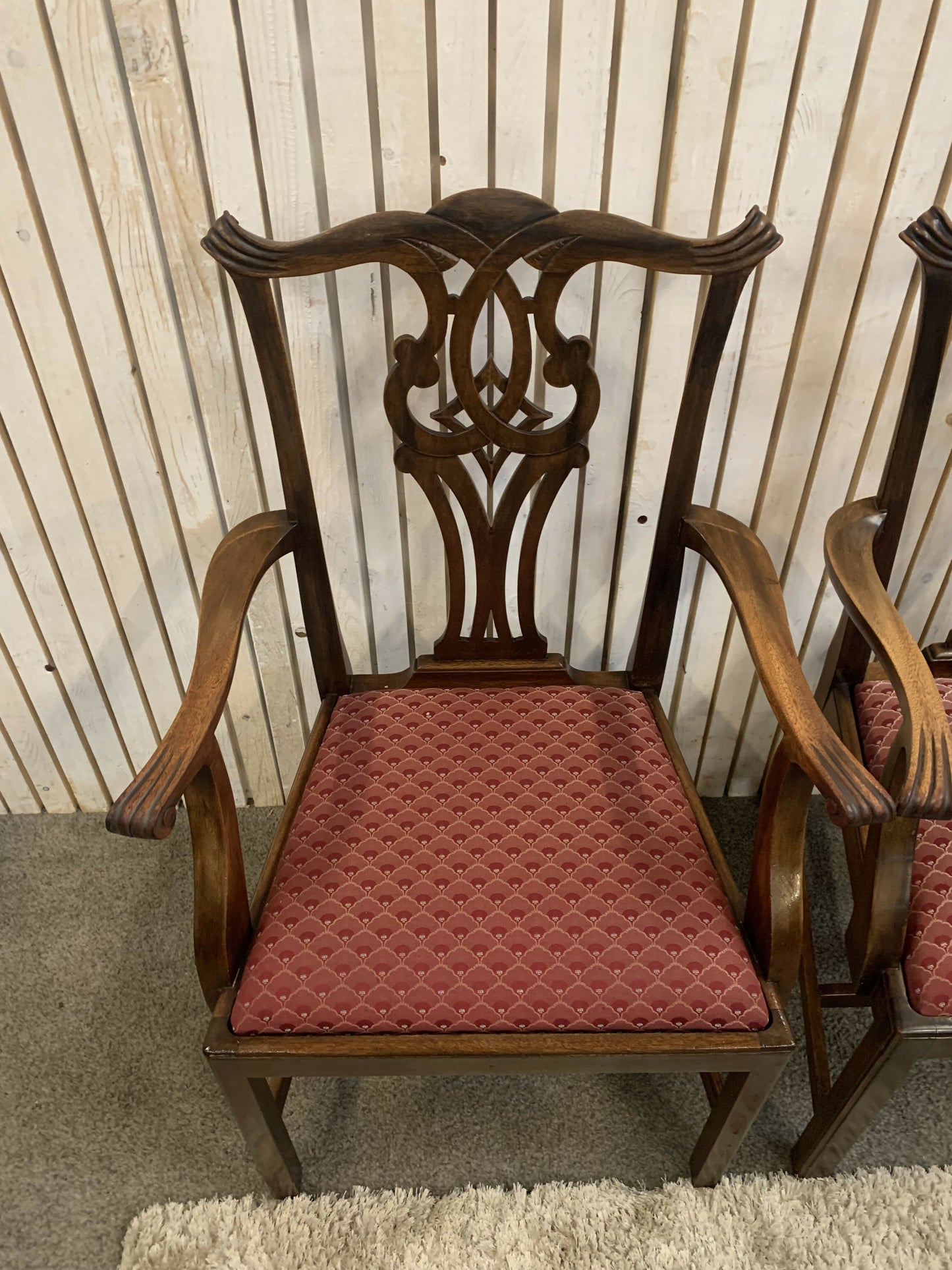 6 Mahogany Chippendale Style Dining Chairs with Red Upholstered drop-in seats.