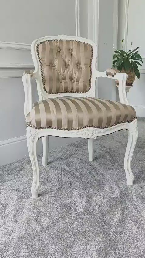Louis XVl Newly Upholstered Accent Chair Silk Stripe Fabric, White Painted Frame