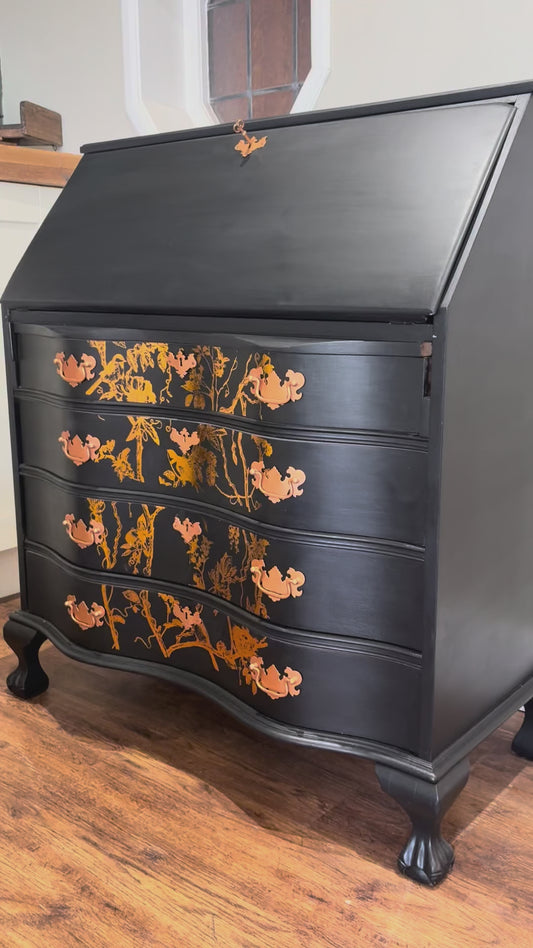 Hand-Painted Black Re-Finished Bureau with Copper Botanical Design