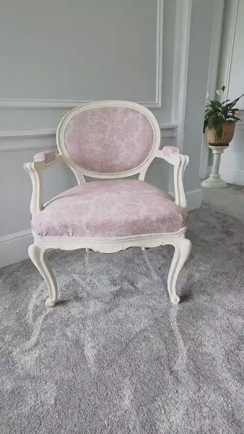 Louis XVl Newly Upholstered Accent Chair, Bergere, Pink Toile Fabric, Cream Painted Frame, Cabriole Legs. Venetian influences.