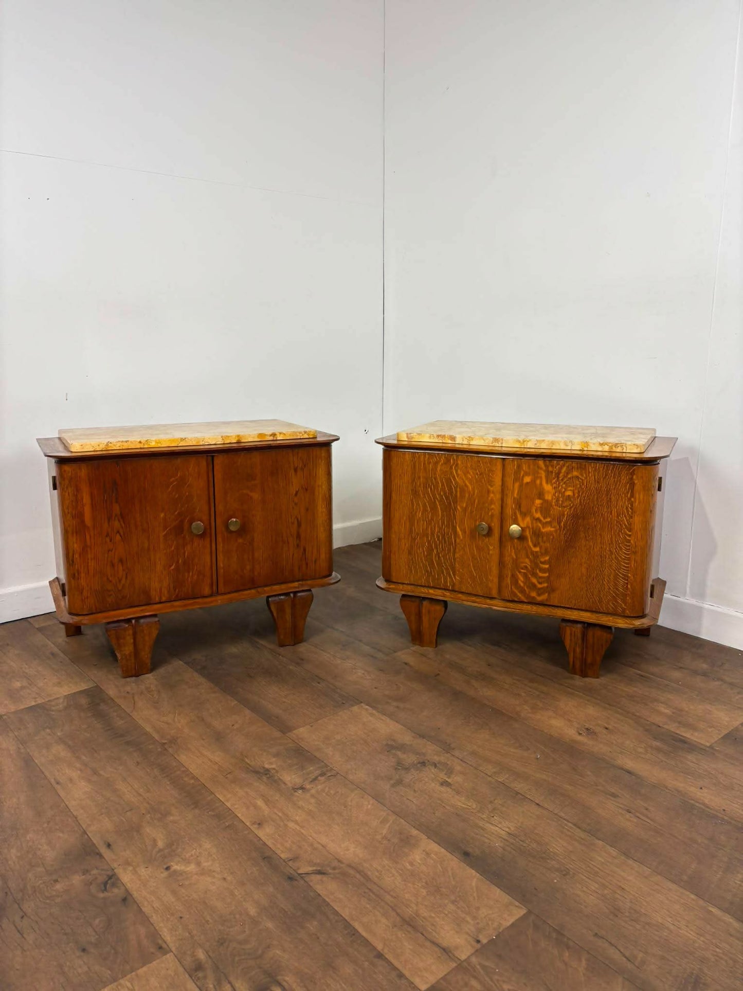 Pair of French Art Deco Oak Bedside Cabinets with Marble Tops