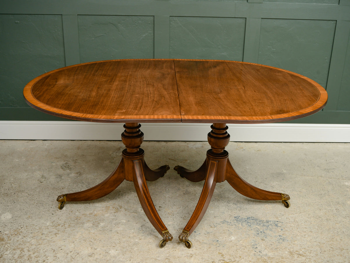 Regency Style Mahogany Extending Dining Table with Leaf - Twin Pedestal - D End