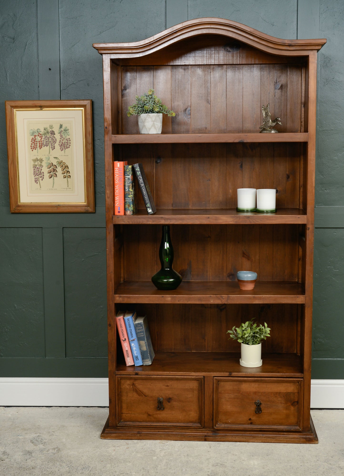 Tall Pine Bookcase with Drawers - Antique Finish