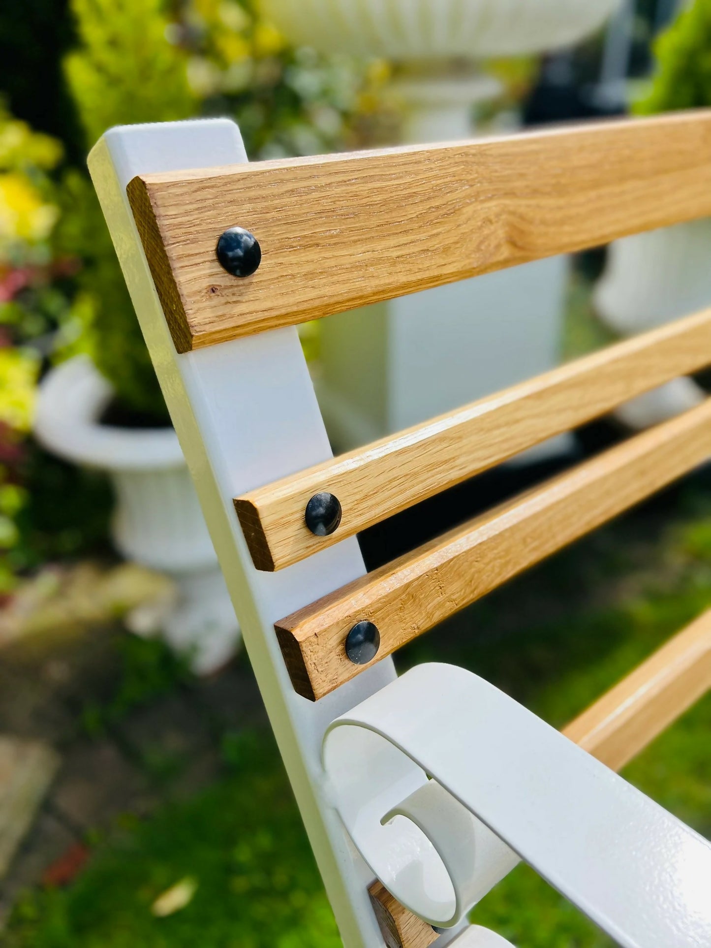 White Vintage Garden Bench Patio Seat in Oak Wrought Iron