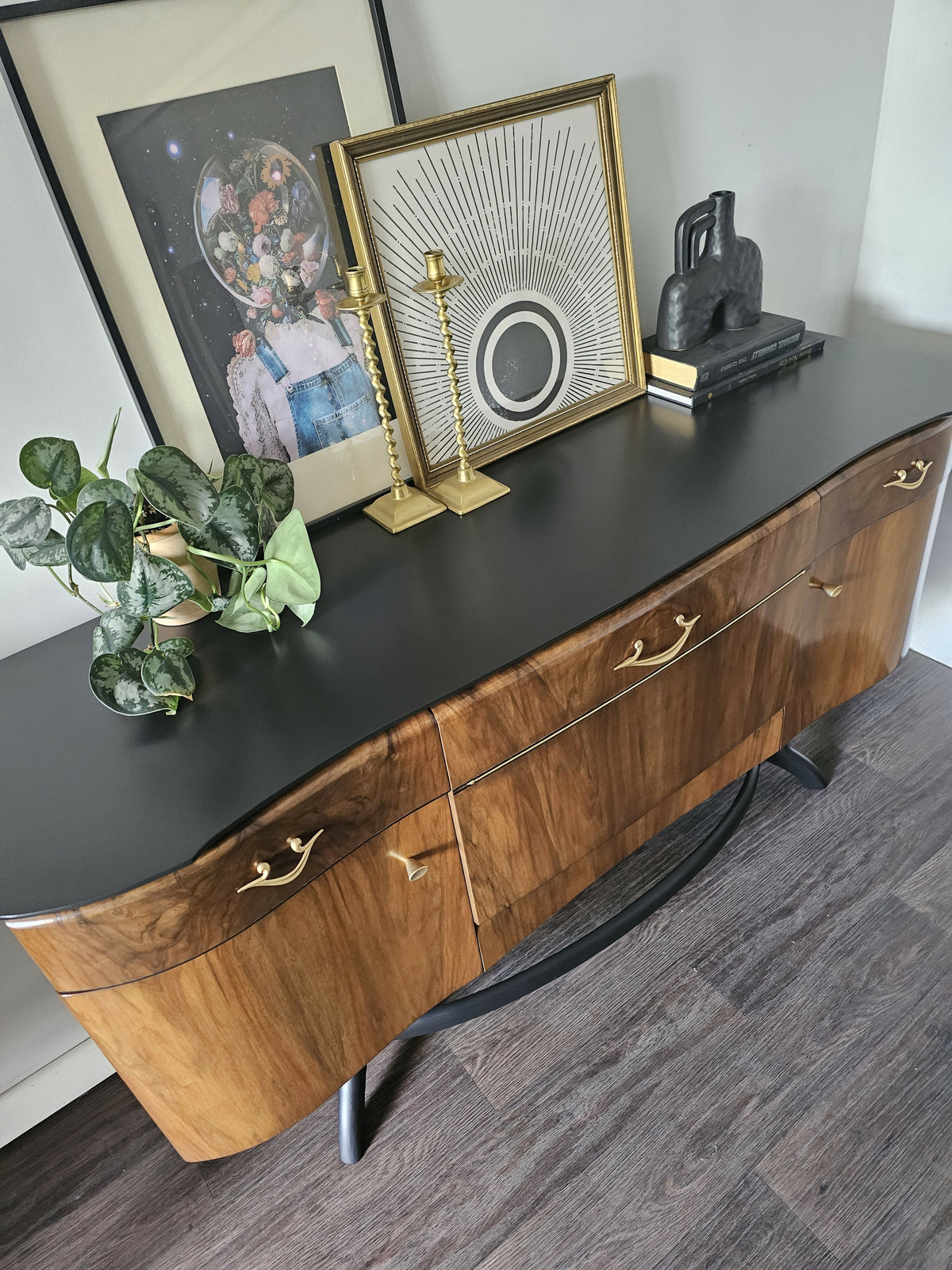 Mid Century Modern Sideboard, Dark Wood and Black Drinks Cabinet, Gold Interior, Original Handles, Crocodile Pattern TV Stand