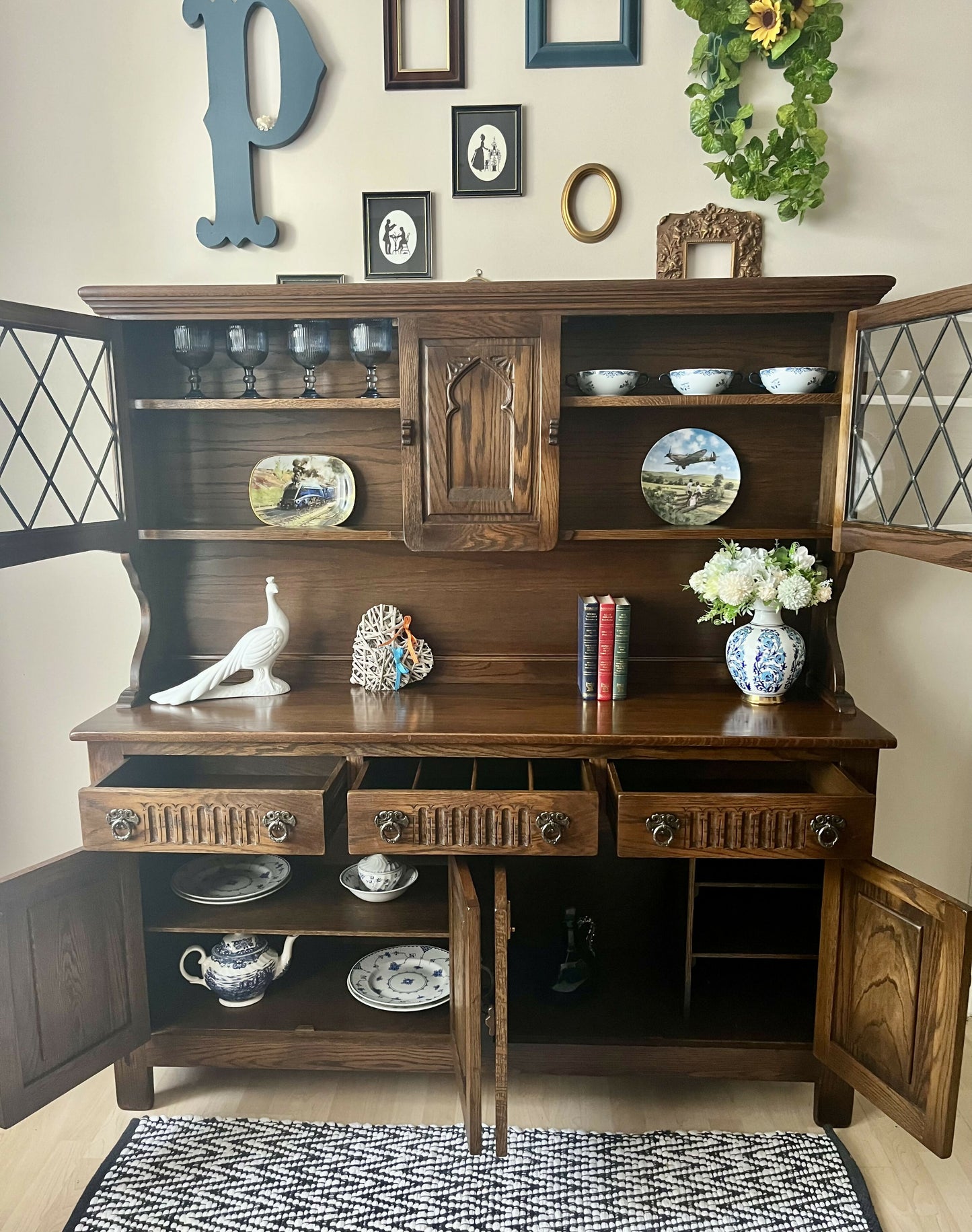 Stained Oak Dresser by Webber Furniture: Leaded Glass Display