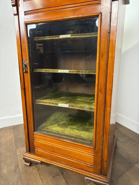 Edwardian Walnut Sheet Music Cabinet with Glass Door & Velvet-Lined Shelves