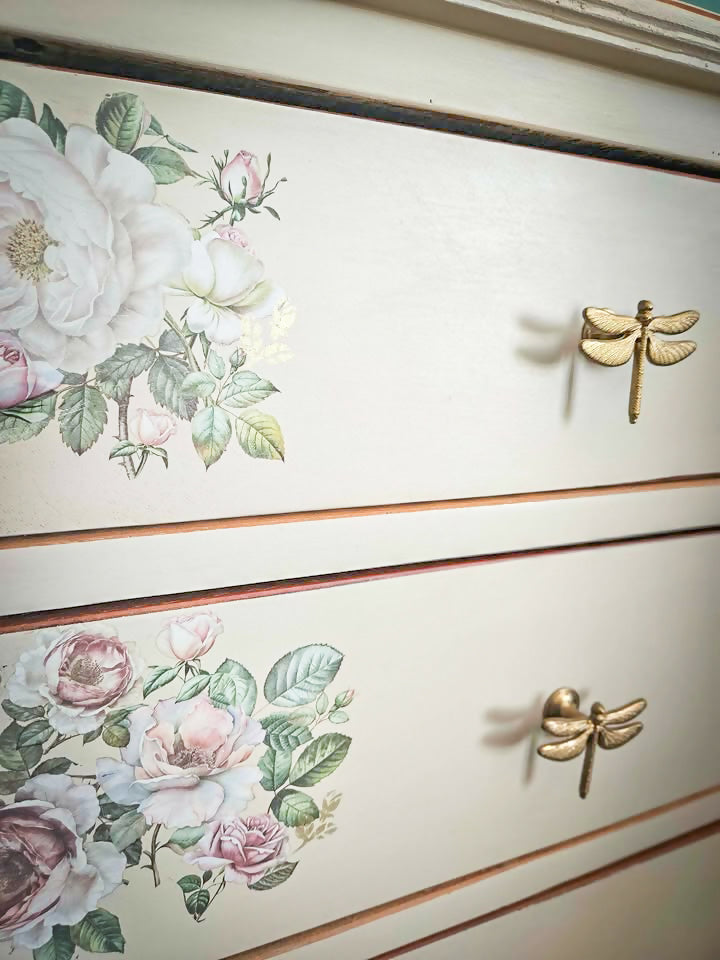 Large Upcycled wooden Chest of Drawers, with floral transfers and glass top