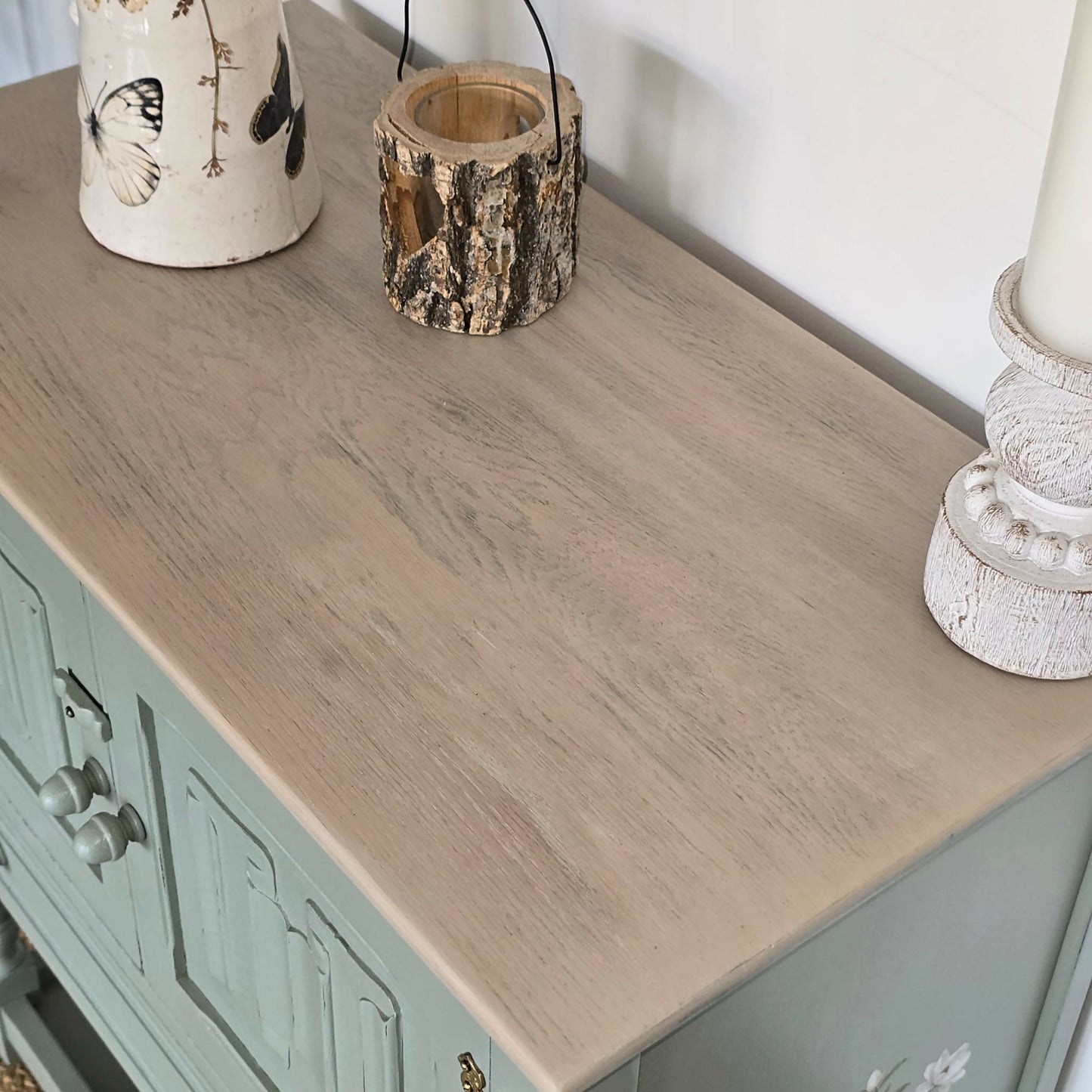Upcycled Vintage Jaycee Linenfold Oak Sideboard, Cabinet in Sage Green