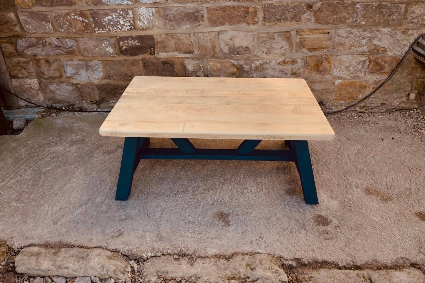 Solid Wood Farmhouse Coffee Table | Handcrafted Rustic Coffee Table with Natural Top & Navy Painted Base