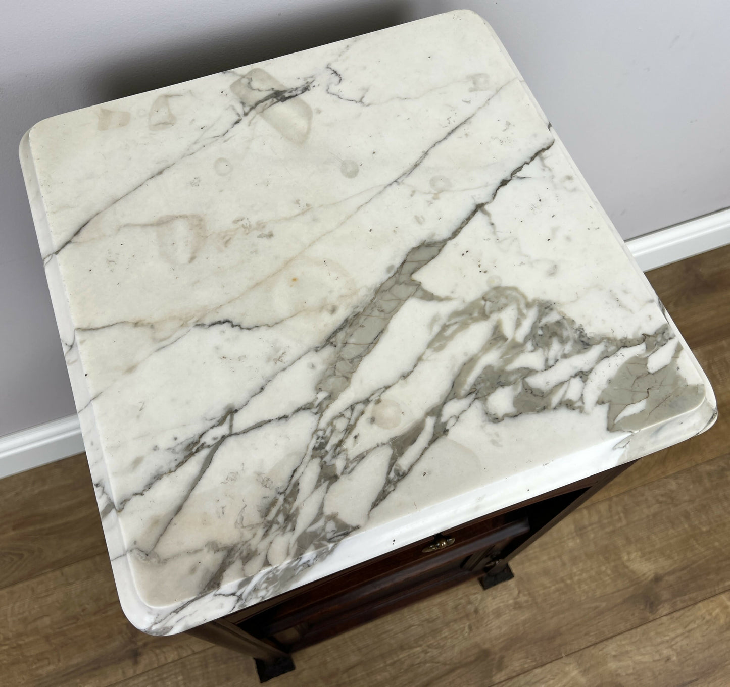 Bedside Table Antique French Style Marble Top Walnut Cabinet Nightstand LOT 6239