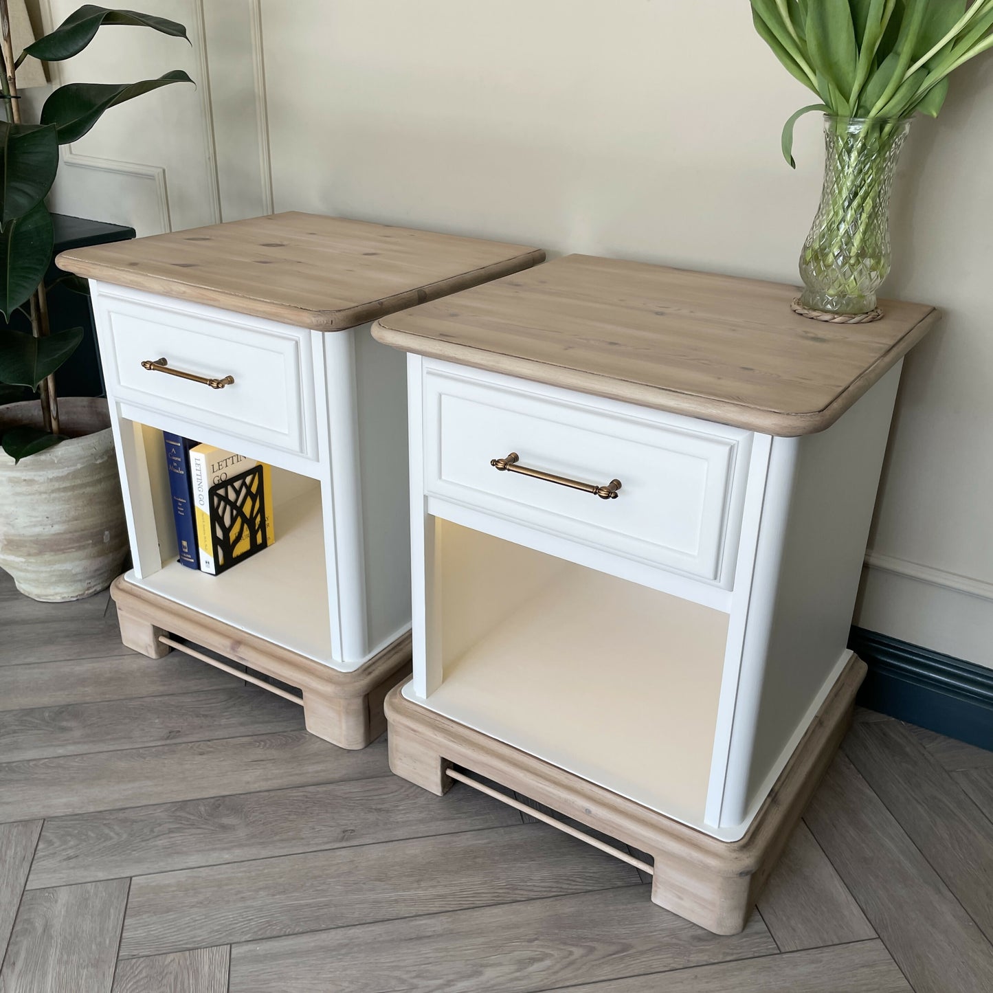 White Bedside Tables Pair | Solid Wood Nightstands with Drawer & Shelf | Hand Painted Vintage Side Tables | Bedroom Furniture Set