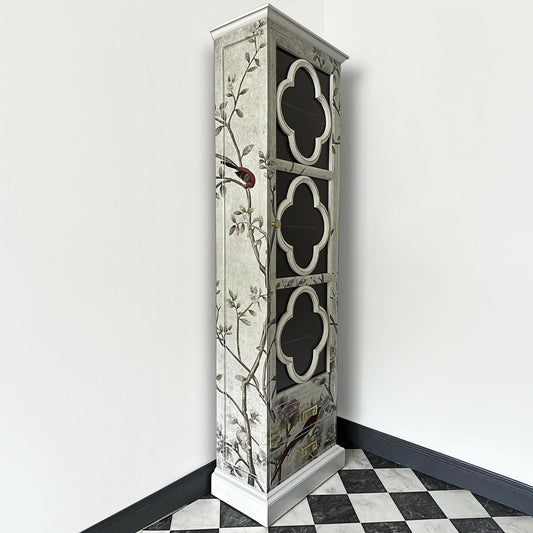 Oriental style light tall and narrow display cabinet with blossom and red birds