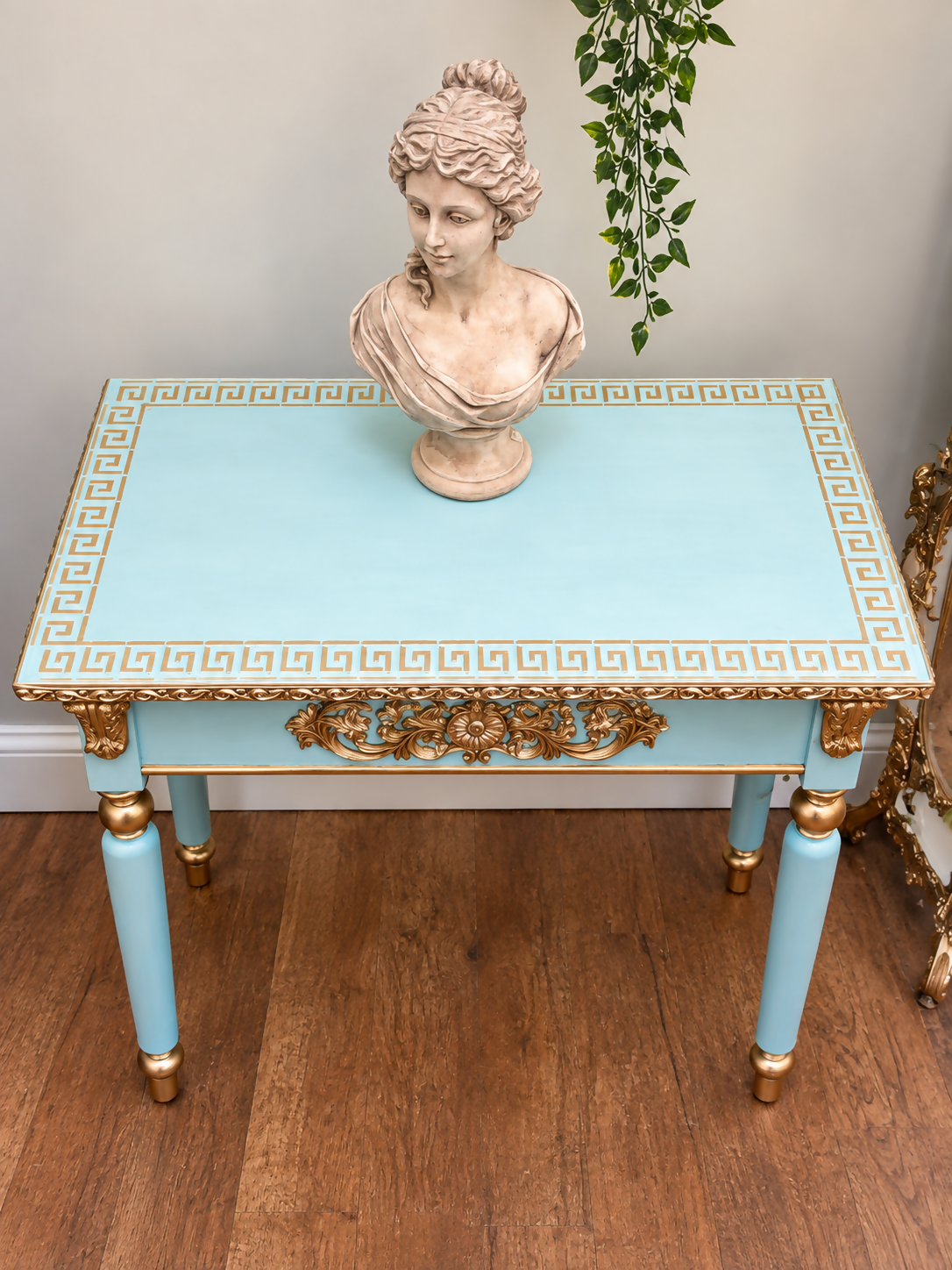 Neoclassical Grecian Console Table in Turquoise Blue & Gold Gilt