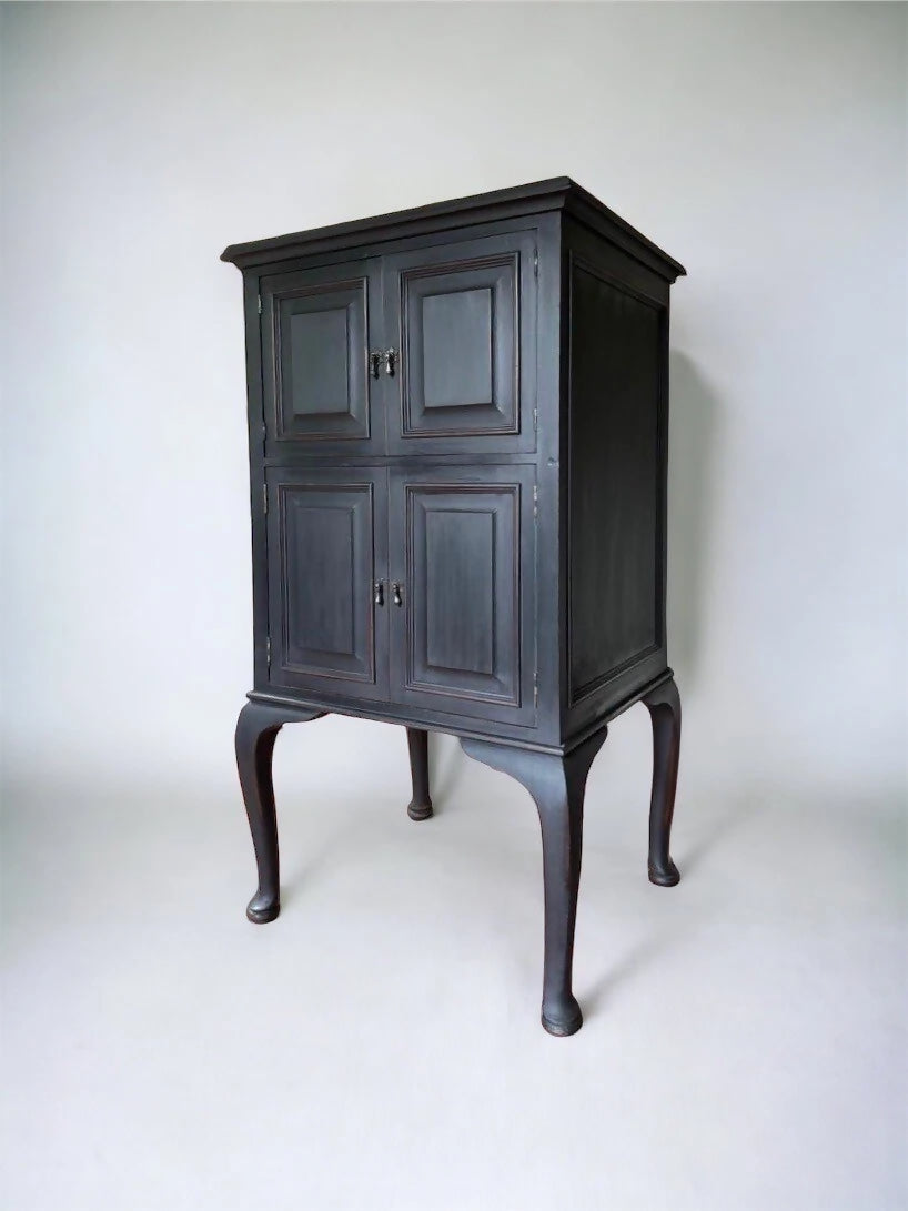 Vintage Solid Mahogany Lift Top Black Painted Music Stereo Cupboard Cabinet
