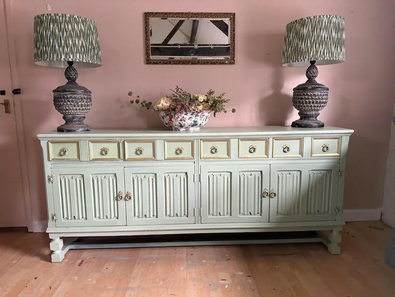 Sage Green Upcycled Sideboard, Gold Accents, Sustainable Decor