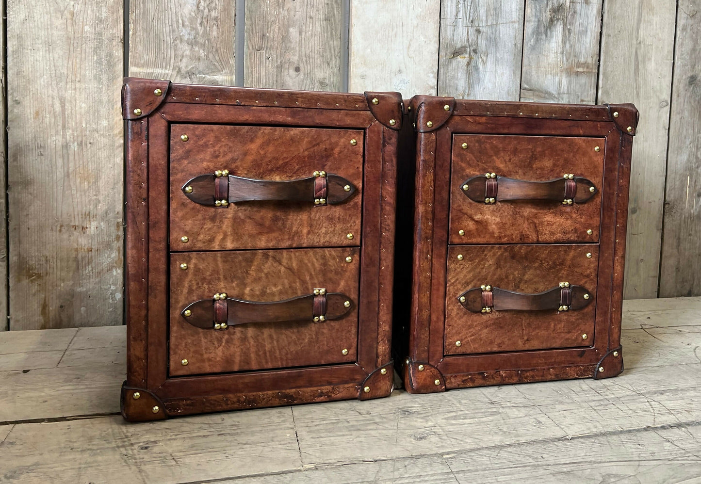 Bespoke English vintage bedside cabinets - custom wood framed - luxury hand dyed leather nightstands