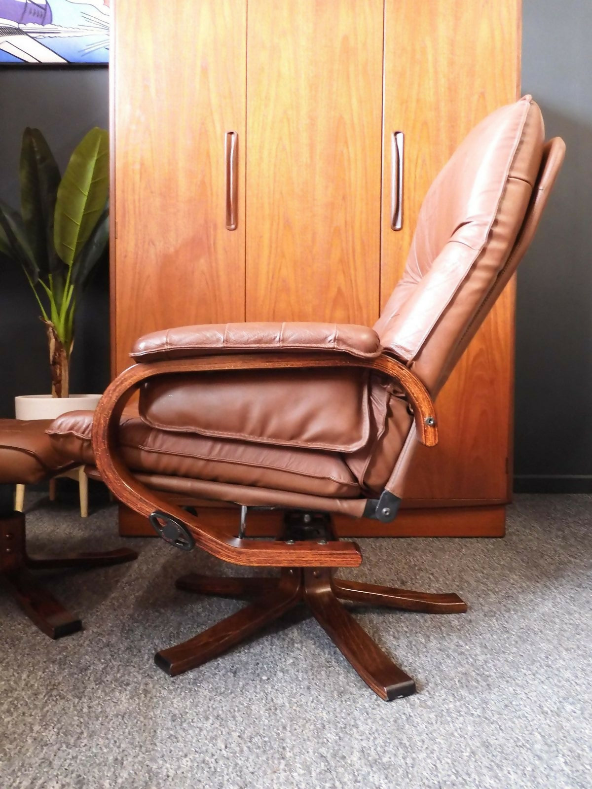 Vintage Recliner Armchair And Ottoman In Teak And Leather – Denmark, 1960s/1970s